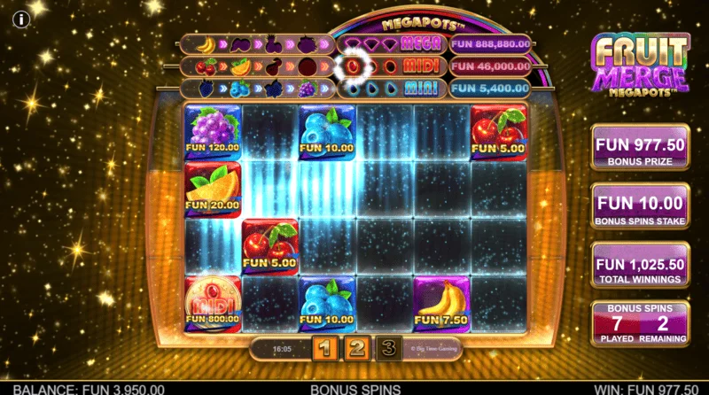 Fruit Merge Megapots – Hold and Spin spēles ekrāns